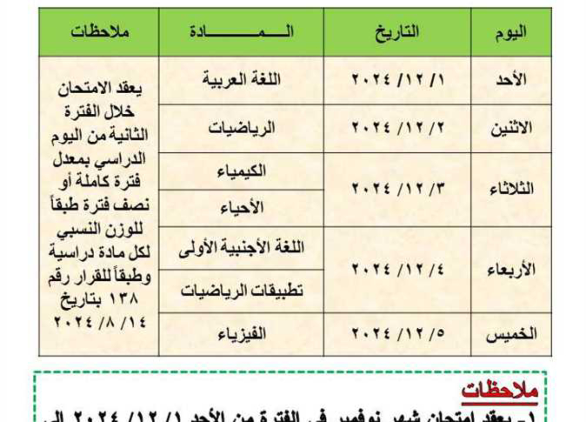 جدول امتحانات شهر نوفمبر