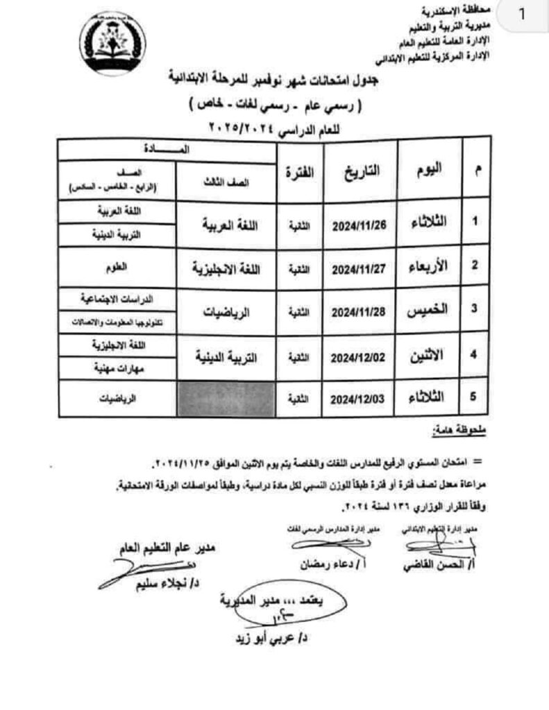 جدول امتحانات شهر نوفمبر 2024 في الإسكندرية