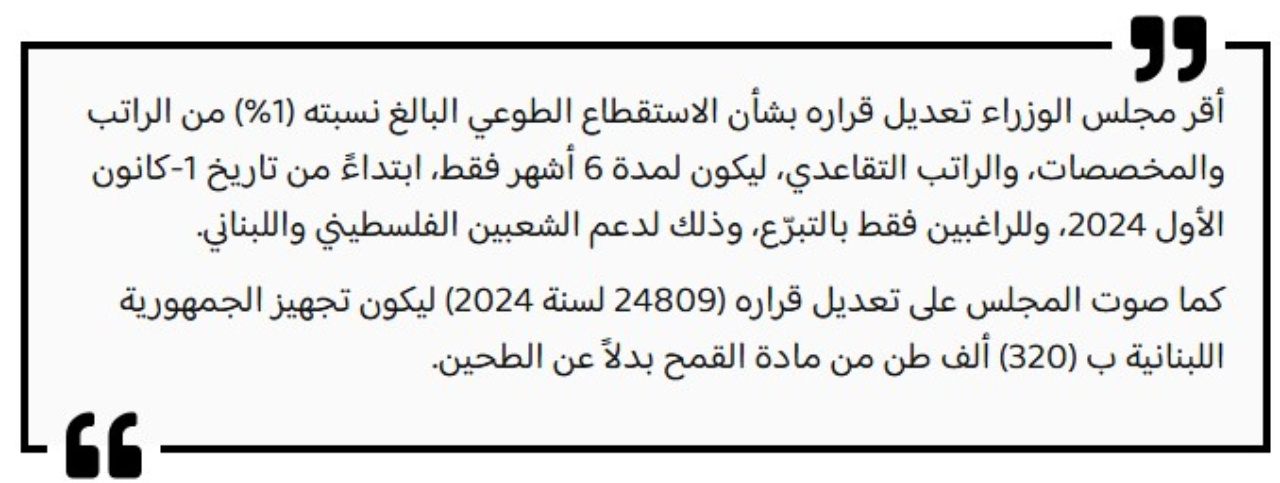 مجلس الوزراء يعدل قرار بشأن الاستقطاع 1% من الرواتب