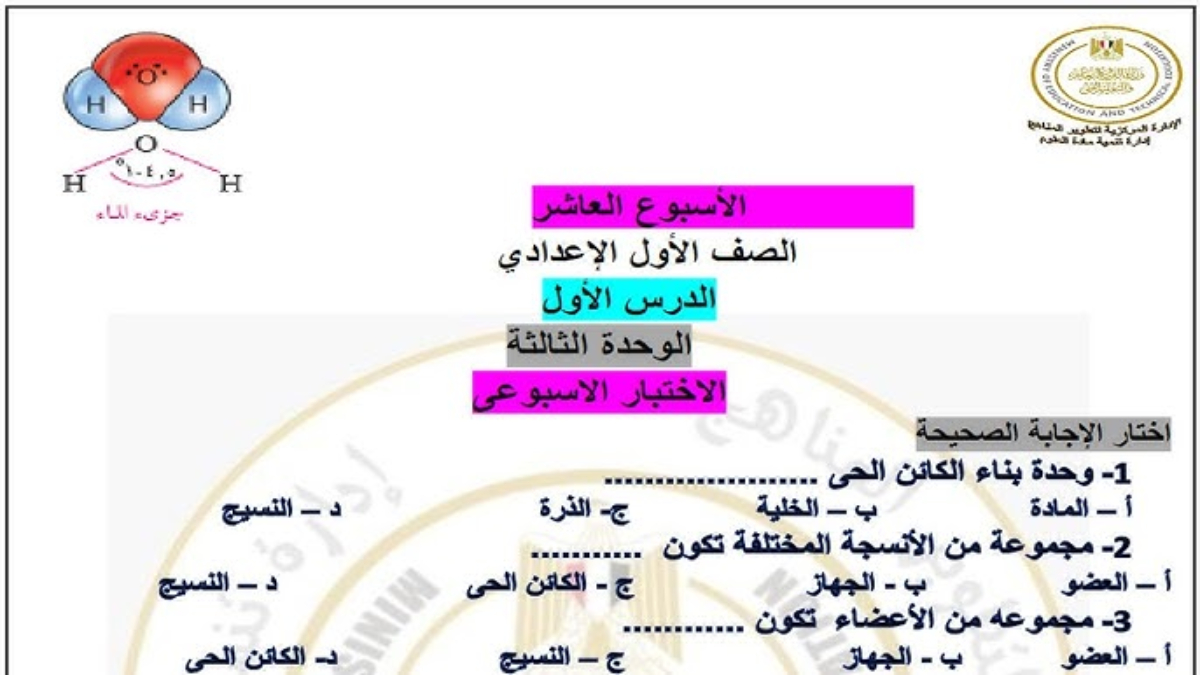 تقييم الاسبوع العاشر الصف الاول الاعدادي