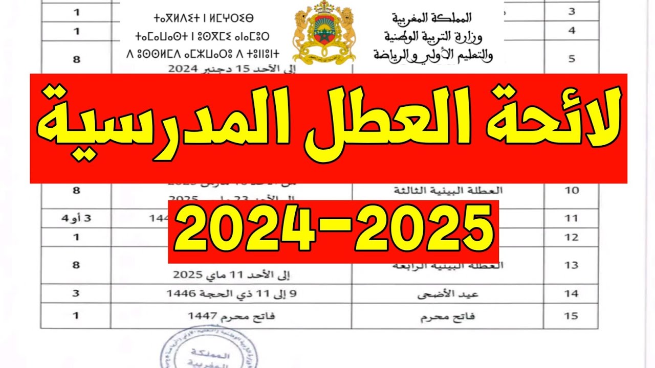 رزنامة العطل المدرسية في المغرب 2024 وفقٌا لوزارة التربية الوطنية المغربية