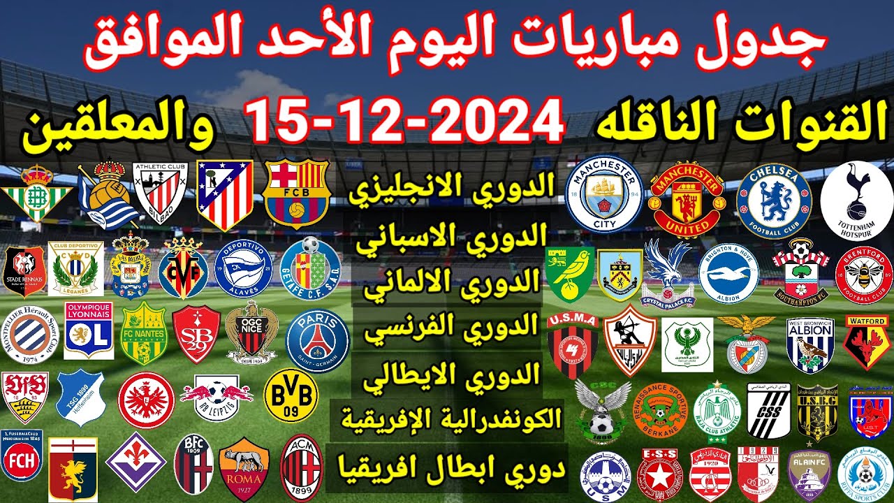 مواعيد مباريات اليوم الأحد الموافق 15-12-2024 في كافة البطولات على مستوى العالم .. الزمالك في مواجهة نارية أمام المصري